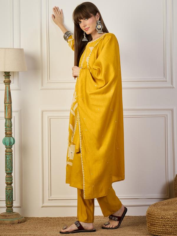 VP 9771 Y Yellow Embroidery Silk Straight Kurta With Trousers & Dupatta Sets